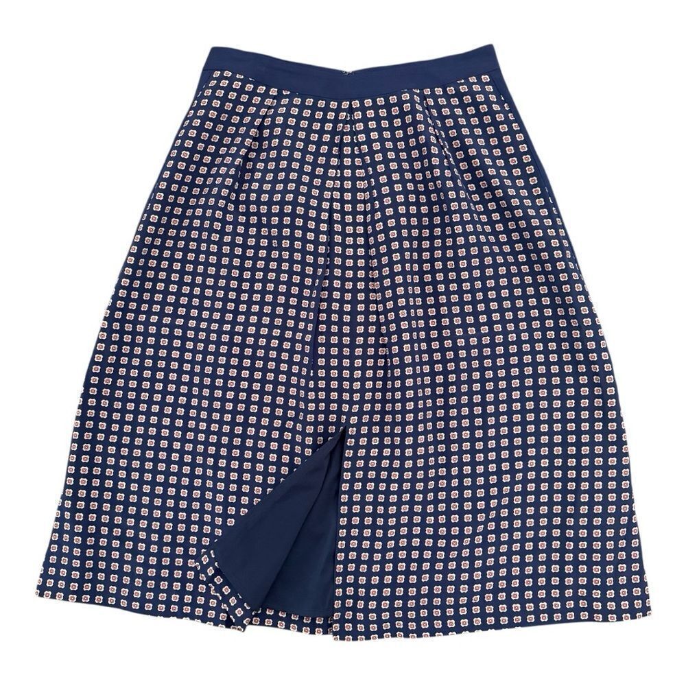 Madewell Silk Geo Print Midi Skirt Navy Blue Front & Back Slit Office